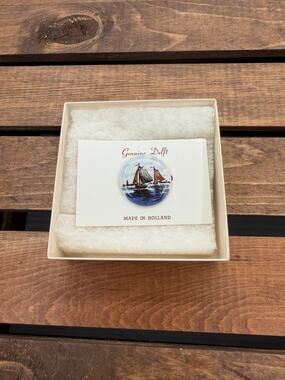 Vintage Genuine Delft Hand Painted Sailboat Brooch Pin - Made In Holland W/ Box